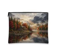 Toile de cabane avec fermeture éclair, toile artistique pittoresque de lac, toile d'automne orange avec fermeture éclair, trousse de maquillage pour femme, pour voyage, coiffeuse, salle de bain