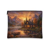 Toile de cabine avec fermeture éclair, nature rustique, montagnes, lac, automne, orange, petit sac de soins de la peau portable avec fermeture éclair pour voyage, sac à main, salle de bain, coiffeuse
