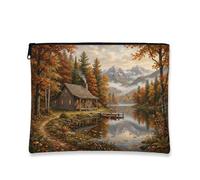 Toile de cabine avec fermeture éclair, toile rustique nature lac, montagnes, automne, orange, petite trousse de maquillage pour voyage, sac à main, salle de bain, coiffeuse et rangement quotidien