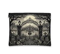 Toile de cimetière avec fermeture éclair, gothique, portes effrayantes, citrouilles, Halloween, toile noire avec fermeture éclair, petite trousse de maquillage pour voyage, sac à main, salle de bain