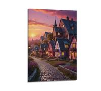 Toile de décoration murale moderne pour la maison - Affiches de paysage - Village de contes de contes de coucher de soleil - Ambiance rêveuse - Peinture créatrice - 40 x 60 cm - Style cadre