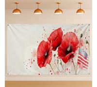 Toile de fond aquarelle coquelicot floral Americana vintage art décoration de fête, accessoire de photographie d'été pour événement commémoratif de vacances, 180 x 109 cm