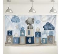 Toile de fond avec blocs d'éléphants mignons, motifs de nuages ludiques, décorations de fête prénatale, fond photo pour événements d'enfants, 180 x 109 cm