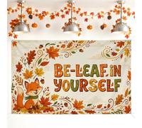 Toile de fond avec citation de renards d'automne - 180 x 109 cm | Citation de motivation, toile de fond pour photo, illustration de la forêt, feuillage d'automne, thème de récolte