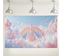 Toile de fond château arc-en-ciel, jolis ballons pastel, décorations de fête, fond de photographie fantastique pour fête d'anniversaire d'enfants 180 x 109 cm