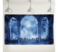 Toile de fond château au clair de lune pour Halloween, décorations de fête sur le thème des chauves-souris et citrouilles, arrière-plan de photographie intérieur/extérieur pour événements d'Halloween