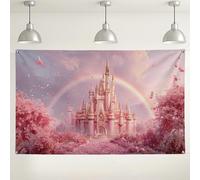 Toile de fond château de conte de fées, décorations de fête florales de pêche, fond photo de jardin enchanté pour événements d'anniversaire, fournitures de célébration de printemps, 180 x 109 cm