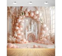 Toile de fond château rose pour photographie - Toile de fond pour arche de ballons princesse avec motif floral fantastique, toile de fond pour fête de princesse pour anniversaire, fête prénatale et