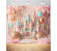 Toile de fond château rose pour photographie - Toile de fond pour arche de ballons princesse avec motif floral fantastique, toile de fond pour fête de princesse pour anniversaire, fête prénatale et