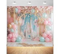 Toile de fond château rose pour photographie - Toile de fond pour arche de ballons princesse avec motif floral fantastique, toile de fond pour fête de princesse pour anniversaire, fête prénatale et