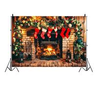 Toile de Fond cheminée Noël Ttincceer 2.5x1.8m pour Photographie, Mur de Briques, Chaussettes Rouges, Branches de pin, arrière-Plan Photo, décoration de fête de Famille, bannière