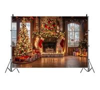 Toile de Fond cheminée Noël Ttincceer 3x2.5m, Arbre de Noël Lumineux, Mur de Briques, Plancher en Bois, arrière-Plan Photo, scène de fenêtre, décoration de fête, bannière