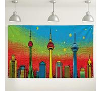 Toile de fond colorée d'horizon urbain rétro pop art, parfaite pour les événements photographiques, les fêtes en extérieur et intérieur, les célébrations du Nouvel An, 180 x 109 cm