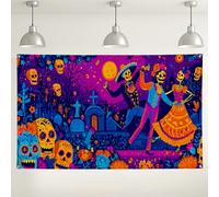 Toile de fond colorée en forme de crâne en sucre, décorations d'Halloween vives pour le jour des morts, fond de photographie festive pour célébrations 180 x 109 cm