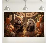Toile de fond d'anniversaire avec animal mignon, hérisson de dessin animé et panda rouge, arrière-plan photo amusant pour intérieur/extérieur pour fête d'anniversaire d'enfants, 180 x 109 cm