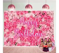 Toile de Fond d'anniversaire avec Mur de Roses Roses Néon Joyeux Anniversaire Fond de Photographie de Roses de Fête de Thé de Printemps Filles Anniversaire de Princesse Mariage Décorations
