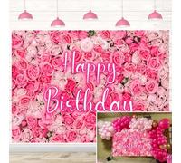 Toile de Fond d'anniversaire avec Mur de Roses Roses Néon Joyeux Anniversaire Fond de Photographie de Roses de Fête de Thé de Printemps Filles Anniversaire de Princesse Mariage Décorations