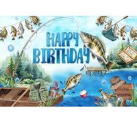 Toile de fond d'anniversaire de pêche, Gone Fishing Happy Birthday pour garçons, hommes, décorations de fête d'anniversaire de pêcheur, décorations à suspendre pour intérieur et extérieur, 1,8 x 1,1 m