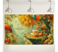 Toile de fond d'anniversaire fantaisie, décorations de fête sur le thème de la forêt enchantée, gâteau coloré et ballons pour photographie d'anniversaire d'enfants, fête d'automne, 180 x 109 cm