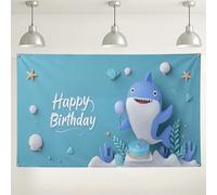 Toile de fond d'anniversaire Happy Shark - Animaux marins mignons - Décoration de fête sur le thème de l'océan - Décoration d'intérieur/extérieur pour fêtes d'enfants, célébrations d'anniversaire