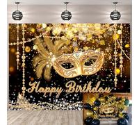 Toile de fond d'anniversaire heureux de la mascarade Masque de plumes en cristal Bannière de photographie Mardi Gras Masque pailleté noir et or Décorations de fête d'anniversaire de soirée de carnaval