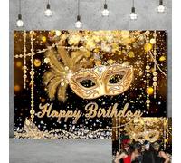 Toile de fond d'anniversaire heureux de la mascarade Masque de plumes en cristal Bannière de photographie Mardi Gras Masque pailleté noir et or Décorations de fête d'anniversaire de soirée de carnaval
