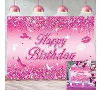 Toile de fond d'anniversaire rose flash 2,1 x 1,5 m avec paillettes brillantes « Happy Birthday » pour femme, princesse et fille, 16, 18e, 21e, 30e, 40e anniversaire, décorations de fête