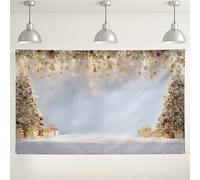 Toile de fond d'arbre enneigé de Noël, décorations festives au pays des merveilles d'hiver, fond de photographie de vacances bleu et doré pour fêtes et événements 180 x 109 cm