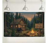 Toile de fond de chalet de forêt pittoresque, décoration murale vintage aventure, ours rustique, feu de camp, fond de photographie pour fêtes et événements, 180 x 109 cm