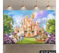 Toile de fond de château de princesse de conte de fées, comprenant un château rose et or, des fleurs et des papillons colorés, en matériau polyester durable, sans alimentation électrique requise. Conv