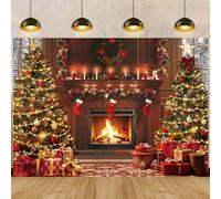 Toile de fond de cheminée de Noël avec sapin de Noël vintage et bas - Arrière-plan de photographie pour soirée de Noël d'hiver et fête de famille chaleureuse - Décorations de bannière - Accessoires de
