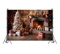 Toile de Fond de cheminée de Noël Ttincceer 2.2x1.5m pour Photographie, Mur de Briques, Plancher en Bois, Arbre de Noël, bannière de fête de Famille, Festival d'hiver