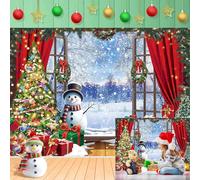 Toile de fond de fenêtre de Noël pour photographie - 2,4 x 1,8 m - Scène de neige au pays des merveilles d'hiver - Arbre de Noël en bois - Décorations de fête de Noël - Fournitures d'accessoires photo