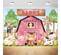 Toile de fond de ferme de 6 x 3 m - Motif animaux de dessin animé - Rose - Pour photographie d'anniversaire - Pour enfants - Farm Girl - Happy Birthday Party - Bannière de décoration de table