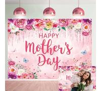 Toile de Fond de Fête de La Fête des Mères Joyeuse J'adore Maman Fond de Photographie Fleurs Roses et Violettes Journée de La Reine Merci Maman Photo de Fond (210 x 150 cm)