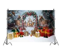 Toile de Fond de fête de Noël Ttincceer 1,5 x 1 m, Champ de Neige, Maison en Bois, Branche de pin, Arche, arrière-Plan de Photographie, pôle Nord, Pays des Merveilles, bannière décorative de fête