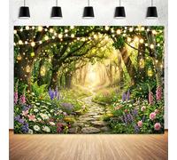 Toile de fond de forêt enchantée de 2,1 x 1,5 m, guirlande lumineuse magique, fleurs sauvages, papillon, arbre, fond photo, jardin, paysage naturel pour mariage, anniversaire, fête prénatale