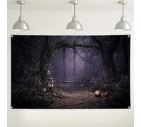 Toile de fond de forêt enchantée sombre, balançoire mystique et fleurs pour photographie, décorations de fête d'Halloween pour événements intérieur/extérieur - 180 x 109 cm