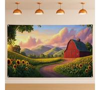 Toile de fond de grange de champs de tournesols - Paysage rustique - Fond photo pour récolte d'automne - Décorations de fête - 180 x 109 cm