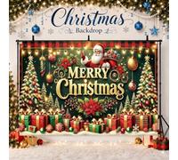 Toile de fond de Noël 120 x 80 cm, polyester, avec cadeaux festifs, sucre d'orge et lettrage blanc. Parfait pour les photomatons de Noël, les fêtes de fin d'année et les décorations saisonnières.