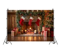 Toile de Fond de Noël 3.5x2.5m pour Photographie, thème cheminée, Plancher en Bois, Chaussettes Rouges, Baby Shower, bannière de fête de Famille, Vacances d'hiver, Accessoire Photo de Portrait