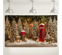 Toile de fond de Noël au pays des merveilles d'hiver, décorations rustiques confortables pour photos de vacances, cabine téléphonique rouge, fond festif pour fêtes et événements, 180 x 109 cm