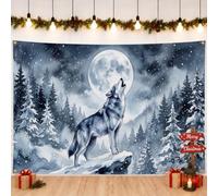 Toile de fond de Noël avec loup hurlant au clair de lune 180,3 x 109,2 cm | Paysage de forêt aquarelle, toile de fond pour photographie, paysage de pleine lune, motif loup hurlant