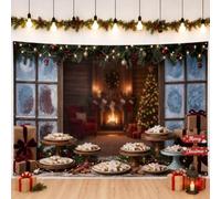 Toile de fond de Noël avec scène de cheminée 180 x 109 cm | Intérieur de cabine d'hiver, toile de fond pour photographie, décoration de maison de vacances, scène de cheminée confortable