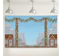 Toile de fond de Noël en forme de maison en pain d'épices, décorations d'hiver festives en sucre d'orge, fond photo de vacances intérieur/extérieur pour fêtes et célébrations 180 x 109 cm