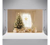 Toile de Fond de Noël Hivernal Kate pour Photographie 2,5 x 2,5 m Sapin de Noël d'intérieur Chaleureux Cadeaux Murs Beiges Rideaux Blancs étoilés bannière décorative Accessoires Photo d'anniversaire