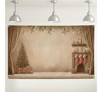 Toile de fond de Noël vintage, scène de vacances confortable avec arbre et bas, parfaite pour la photographie, décoration de fête de Noël, 180 x 109 cm