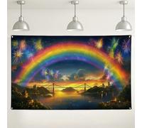 Toile de fond de paysage de pont arc-en-ciel, décorations de scène nocturne de feux d'artifice, arrière-plan de photographie panoramique pour fêtes, célébrations et événements 180 x 109 cm