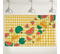 Toile de fond de pique-nique en forme de pastèque et d'abeille, joli vichy jaune vintage, décoration de fête, fond d'été pour photographie en plein air pour événements 180 x 109 cm