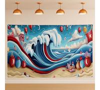 Toile de fond de plage avec vagues de l'océan, décorations de fête abstraites audacieuses, arrière-plan nautique intérieur/extérieur pour photographie, fournitures de célébration d'été, 180 x 109 cm